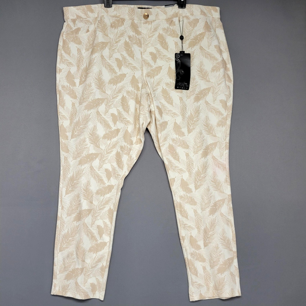 One 5 One Pants Womens‎ 3X Beige White Leaf Print Pull On Stretch Trousers NWT
